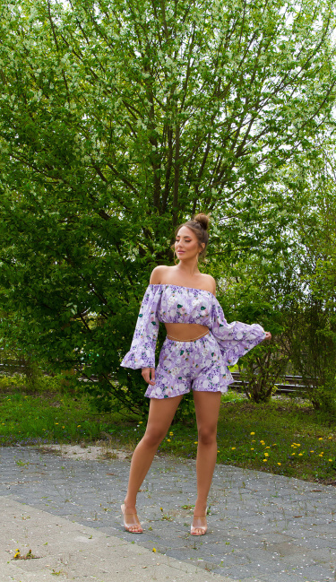 Floral Carmen Cropped Top Lilac